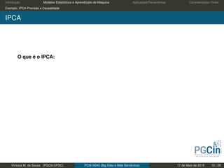 Introdução Modelos Estatísticos e Aprendizado de Máquina Aplicações/Ferramentas Considerações Finais
Exemplo: IPCA Previsão e Causalidade
IPCA
O que é o IPCA:
Vinícius M. de Sousa (PGCIn/UFSC) PCI410045 (Big Data e Web Semântica) 17 de Maio de 2019 10 / 29
 