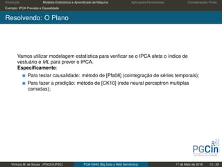 Introdução Modelos Estatísticos e Aprendizado de Máquina Aplicações/Ferramentas Considerações Finais
Exemplo: IPCA Previsão e Causalidade
Resolvendo: O Plano
Vamos utilizar modelagem estatística para veriﬁcar se o IPCA afeta o índice de
vestuário e ML para prever o IPCA.
Especiﬁcamente:
Para testar causalidade: método de [Pfa08] (cointegração de séries temporais);
Para fazer a predição: método de [CK10] (rede neural perceptron multiplas
camadas);
Vinícius M. de Sousa (PGCIn/UFSC) PCI410045 (Big Data e Web Semântica) 17 de Maio de 2019 13 / 29
 