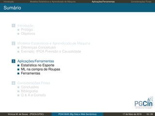 Introdução Modelos Estatísticos e Aprendizado de Máquina Aplicações/Ferramentas Considerações Finais
Sumário
1 Introdução
Prólogo
Objetivos
2 Modelos Estatísticos e Aprendizado de Máquina
Diferenças Conceituais
Exemplo: IPCA Previsão e Causalidade
3 Aplicações/Ferramentas
Estatística no Esporte
ML na compra de Roupas
Ferramentas
4 Considerações Finais
Conclusões
Bibliograﬁa
Q & A e Contato
Vinícius M. de Sousa (PGCIn/UFSC) PCI410045 (Big Data e Web Semântica) 17 de Maio de 2019 18 / 29
 