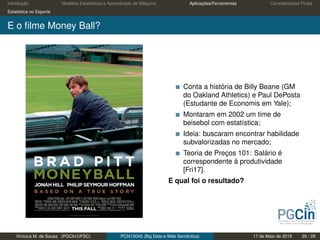 Introdução Modelos Estatísticos e Aprendizado de Máquina Aplicações/Ferramentas Considerações Finais
Estatística no Esporte
E o ﬁlme Money Ball?
Conta a história de Billy Beane (GM
do Oakland Athletics) e Paul DePosta
(Estudante de Economis em Yale);
Montaram em 2002 um time de
beisebol com estatística;
Ideia: buscaram encontrar habilidade
subvalorizadas no mercado;
Teoria de Preços 101: Salário é
correspondente à produtividade
[Fri17].
E qual foi o resultado?
Vinícius M. de Sousa (PGCIn/UFSC) PCI410045 (Big Data e Web Semântica) 17 de Maio de 2019 20 / 29
 