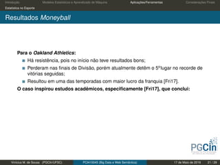 Introdução Modelos Estatísticos e Aprendizado de Máquina Aplicações/Ferramentas Considerações Finais
Estatística no Esporte
Resultados Moneyball
Para o Oakland Athletics:
Há resistência, pois no início não teve resultados bons;
Perderam nas ﬁnais de Divisão, porém atualmente detêm o 5olugar no recorde de
vitórias seguidas;
Resultou em uma das temporadas com maior lucro da franquia [Fri17].
O caso inspirou estudos acadêmicos, especiﬁcamente [Fri17], que conclui:
Vinícius M. de Sousa (PGCIn/UFSC) PCI410045 (Big Data e Web Semântica) 17 de Maio de 2019 21 / 29
 