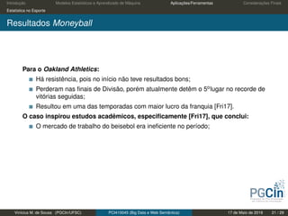 Introdução Modelos Estatísticos e Aprendizado de Máquina Aplicações/Ferramentas Considerações Finais
Estatística no Esporte
Resultados Moneyball
Para o Oakland Athletics:
Há resistência, pois no início não teve resultados bons;
Perderam nas ﬁnais de Divisão, porém atualmente detêm o 5olugar no recorde de
vitórias seguidas;
Resultou em uma das temporadas com maior lucro da franquia [Fri17].
O caso inspirou estudos acadêmicos, especiﬁcamente [Fri17], que conclui:
O mercado de trabalho do beisebol era ineﬁciente no período;
Vinícius M. de Sousa (PGCIn/UFSC) PCI410045 (Big Data e Web Semântica) 17 de Maio de 2019 21 / 29
 