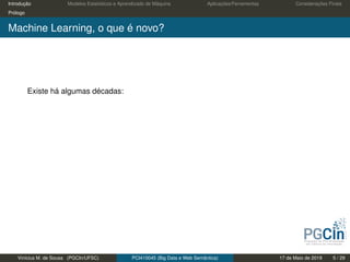 Introdução Modelos Estatísticos e Aprendizado de Máquina Aplicações/Ferramentas Considerações Finais
Prólogo
Machine Learning, o que é novo?
Existe há algumas décadas:
Vinícius M. de Sousa (PGCIn/UFSC) PCI410045 (Big Data e Web Semântica) 17 de Maio de 2019 5 / 29
 