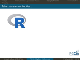 Introdução Modelos Estatísticos e Aprendizado de Máquina Aplicações/Ferramentas Considerações Finais
Ferramentas
Talvez as mais conhecidas
Vinícius M. de Sousa (PGCIn/UFSC) PCI410045 (Big Data e Web Semântica) 17 de Maio de 2019 24 / 29
 