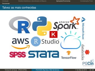 Introdução Modelos Estatísticos e Aprendizado de Máquina Aplicações/Ferramentas Considerações Finais
Ferramentas
Talvez as mais conhecidas
Vinícius M. de Sousa (PGCIn/UFSC) PCI410045 (Big Data e Web Semântica) 17 de Maio de 2019 24 / 29
 