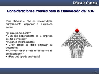 Consideraciones Previas para la Elaboración del TDC
Para elaborar el CMI es recomendable
primeramente responder a cuestiones
como:
•¿Para qué se quiere?
• ¿En qué departamento de la empresa
se debe empezar?
•¿Cuándo llevarlo a cabo?
• ¿Por donde se debe empezar su
desarrollo?
•¿Quiénes deben ser los responsables de
su elaboración?
• ¿Para qué tipo de empresas?

- 14 -

 