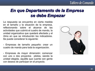En que Departamento de la Empresa
se debe Empezar
La respuesta se encuentra en cierta medida
en el tamaño y la situación de la empresa,
reflexionando sobre el alcance de las
actividades que cubrirá el cuadro de mando, la
unidad organizativa que quedará afectada y el
ritmo en que se introducirán los indicadores.
Se puede considerar lo siguiente:
- Empresas de tamaño pequeño: crear un
cuadro de mando para toda la organización.
- Empresas de mayor dimensión: comenzar
con uno o dos proyectos pilotos, siendo la
unidad elegida, aquélla que cuente con gente
con deseos de participar en el proyecto.
- 16 -

 