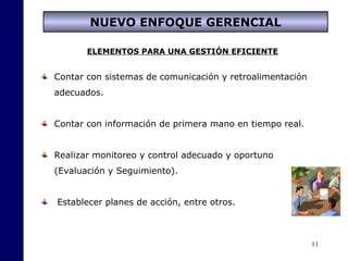 11
NUEVO ENFOQUE GERENCIAL
ELEMENTOS PARA UNA GESTIÓN EFICIENTE
Contar con sistemas de comunicación y retroalimentación
adecuados.
Contar con información de primera mano en tiempo real.
Realizar monitoreo y control adecuado y oportuno
(Evaluación y Seguimiento).
Establecer planes de acción, entre otros.
 