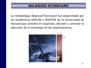 14
La metodología Balanced Scorecard fue desarrollada por
los académicos KAPLAN y NORTON de la Universidad de
Harvard que consiste en organizar, difundir y controlar la
ejecución de la estrategia de las organizaciones.
BALANCED SCORECARD
 