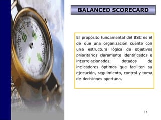 15
El propósito fundamental del BSC es el
de que una organización cuente con
una estructura lógica de objetivos
prioritarios claramente identificados e
interrelacionados, dotados de
indicadores óptimos que faciliten su
ejecución, seguimiento, control y toma
de decisiones oportuna.
BALANCED SCORECARD
 