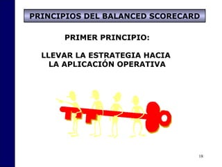 18
PRIMER PRINCIPIO:
LLEVAR LA ESTRATEGIA HACIA
LA APLICACIÓN OPERATIVA
PRINCIPIOS DEL BALANCED SCORECARD
 