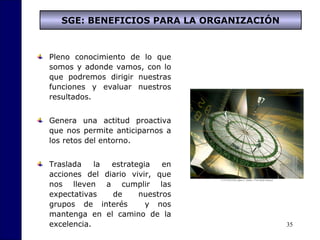 35
SGE: BENEFICIOS PARA LA ORGANIZACIÓN
Pleno conocimiento de lo que
somos y adonde vamos, con lo
que podremos dirigir nuestras
funciones y evaluar nuestros
resultados.
Genera una actitud proactiva
que nos permite anticiparnos a
los retos del entorno.
Traslada la estrategia en
acciones del diario vivir, que
nos lleven a cumplir las
expectativas de nuestros
grupos de interés y nos
mantenga en el camino de la
excelencia.
 