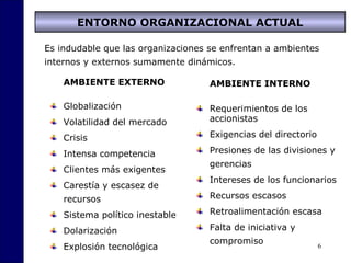 6
ENTORNO ORGANIZACIONAL ACTUAL
Es indudable que las organizaciones se enfrentan a ambientes
internos y externos sumamente dinámicos.
AMBIENTE EXTERNO
Globalización
Volatilidad del mercado
Crisis
Intensa competencia
Clientes más exigentes
Carestía y escasez de
recursos
Sistema político inestable
Dolarización
Explosión tecnológica
AMBIENTE INTERNO
Requerimientos de los
accionistas
Exigencias del directorio
Presiones de las divisiones y
gerencias
Intereses de los funcionarios
Recursos escasos
Retroalimentación escasa
Falta de iniciativa y
compromiso
 