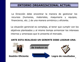 7
ENTORNO ORGANIZACIONAL ACTUAL
La Dirección debe encontrar la manera de gestionar los
recursos (humanos, materiales, maquinaria y equipos,
financieros, etc..) de una manera armónica y eficiente.
La situación gerencial es compleja, al tener que cumplir con los
objetivos planteados y al mismo tiempo armonizar los intereses
internos y amenazas que le presenta el mercado.
ANTE ESTA REALIDAD UN GERENTE DEBE LOGRAR UNA:
Se traduce enSe traduce en
Logro de resultadosGestión Eficiente
 
