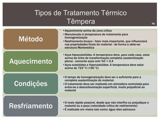 Tipos de Tratamento Térmico
Têmpera RB
•Aquecimento acima da zona crítica
•Manutenção à temperatura de tratamento para
homogeneização
•Resfriamento brusco - fator mais importante, que influenciará
nas propriedades finais do material - de forma a obter-se
estrutura Martensítica
Método
•Aços hipoeutetóides: A temperatura deve, para cada caso, estar
acima da linha de transformação completa (austenitização
plena) - somente aços com %C > 0,4
•Aços eutetóides e hiperutetóides: A temperatura deve estar
acima de 723°C (+50°C)
Aquecimento
•O tempo de homogeneização deve ser o suficiente para a
completa austenitização do material.
•O tratamento deve ser realizado em atmosfera controlada para
evitar-se a descarbonetação superficial, muito prejudicial ao
material
Condições
•O mais rápido possível, desde que não interfira ou prejudique o
material ou a peça (velocidade crítica de resfriamento)
•É realizado em meios tais como: água óleo salmoura
Resfriamento
 