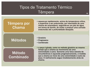 Tipos de Tratamento Térmico
Têmpera RB
• aquece-se rapidamente, acima da temperatura crítica,
a superfície a ser endurecida, por intermédio de uma
chama de oxiacetileno, seguindo-se um jato de água,
em forma de borrifo, de modo a produzir uma camada
endurecida até a profundidade desejada.
Têmpera por
Chama
• Giratório
• Progressivo
• Combinado
Métodos
• a peça é girada, como no método giratório ao mesmo
tempo que a chama se movimenta de uma
extremidade à outra. Somente uma faixa estreita de
circunferência é aquecida progressivamente, à medida
que a chama se move de uma extremidade à outra da
peça. O resfriamento segue imediatamente atrás da
chama.
Método
Combinado
 