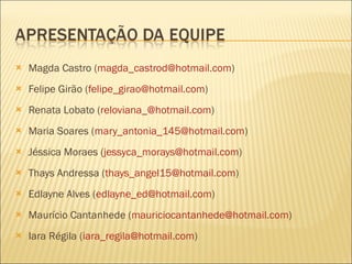 Magda Castro ( [email_address] ) Felipe Girão ( [email_address] ) Renata Lobato ( [email_address] ) Maria Soares ( [email_address] ) Jéssica Moraes ( [email_address] ) Thays Andressa ( [email_address] ) Edlayne Alves ( [email_address] ) Maurício Cantanhede ( [email_address] ) Iara Régila ( [email_address] ) 