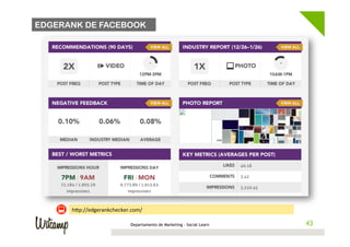 EDGERANK DE FACEBOOK




      h1p://edgerankchecker.com/	
  

                              Departamento de Marketing - Social Learn   43
 