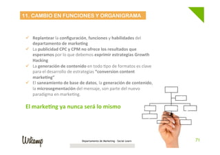 Departamento de Marketing - Social Learn 71
11. CAMBIO EN FUNCIONES Y ORGANIGRAMA
	
  
ü  Replantear	
  la	
  conﬁguración,	
  funciones	
  y	
  habilidades	
  del	
  
departamento	
  de	
  marke6ng	
  
ü  La	
  publicidad	
  CPC	
  y	
  CPM	
  no	
  ofrece	
  los	
  resultados	
  que	
  
esperamos	
  por	
  lo	
  que	
  debemos	
  exprimir	
  estrategias	
  Growth	
  
Hacking	
  
ü  La	
  generación	
  de	
  contenido	
  en	
  todo	
  Wpo	
  de	
  formatos	
  es	
  clave	
  
para	
  el	
  desarrollo	
  de	
  estrategias	
  “conversion	
  content	
  
marke6ng”	
  
ü  El	
  saneamiento	
  de	
  base	
  de	
  datos,	
  la	
  generación	
  de	
  contenido,	
  
la	
  microsegmentación	
  del	
  mensaje,	
  son	
  parte	
  del	
  nuevo	
  
paradigma	
  en	
  markeWng.	
  
	
  
El	
  marke6ng	
  ya	
  nunca	
  será	
  lo	
  mismo	
  
 