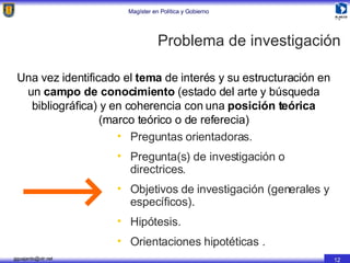Una vez identificado el  tema  de interés y su estructuración en un  campo de conocimiento  (estado del arte y búsqueda bibliográfica) y en coherencia con una  posición teórica  (marco teórico o de referecia) Preguntas orientadoras. Pregunta(s) de investigación o directrices. Objetivos de investigación (generales y específicos). Hipótesis.  Orientaciones hipotéticas . Problema de investigación 
