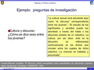 Ejemplo:  preguntas de investigación Cultura y discurso:  ¿Cómo se dice sexo entre los jóvenes? Fuente:Manuel Canales. El discurso sobre sexualidad entre estudiantes de educación superior, clase media-baja. Santiago, CORSAPS, 1994. “ La cultura sexual será estudiada aquí como “el discurso” correspondiente entre los jóvenes”...”El estudio de los significados y sentidos puede ser abordado a través del habla o los discursos propios de un colectivo. La cultura, por así decir, está en la discusión, es reflexionada continuamente en los dichos que circulan entre los sujetos de dicho colectivo. La vivencia es hablada y escuchada”. 