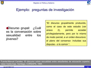 Ejemplo:  preguntas de investigación Discurso grupal:  ¿Cuál es la conversación sobre sexualidad entre los jóvenes? Fuente:Manuel Canales. El discurso sobre sexualidad entre estudiantes de educación superior, clase media-baja. Santiago, CORSAPS, 1994. “ El discurso grupalmente producido, como el caso de este estudio (ver anexo 2), permite acceder privilegiadamente, pero por lo mismo de modo parcial, a un orden discursivo: el plano del consenso- incluidas sus disputas - o lo común ”. 