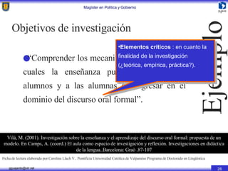 “ Comprender los mecanismos a través de los cuales la enseñanza puede ayudar a los alumnos y a las alumnas a progresar en el dominio del discurso oral formal”.  Objetivos de investigación Vilà, M. (2001). Investigación sobre la enseñanza y el aprendizaje del discurso oral formal: propuesta de un modelo. En Camps, A. (coord.) El aula como espacio de investigación y reflexión. Investigaciones en didáctica de la lengua..Barcelona: Graò .87-107 Ejemplo Ficha de lectura elaborada por  Carolina Llach V. . Pontificia Universidad Católica de Valparaíso Programa de Doctorado en Lingüística Elementos críticos  : en cuanto la finalidad de la investigación  (¿teórica, empírica, práctica?). 