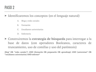 PASO 2
➤ Identificaremos los conceptos (en el lenguaje natural)
A. Blogs y redes sociales
B. Formación
C. Estudiantes universitarios
D. Enfermería
➤ Construiremos la estrategia de búsqueda para interrogar a la
base de datos (con operadores Booleanos, caracteres de
truncamiento, uso de comillas y uso del paréntesis)
(blog* OR ‘’redes sociales’’) AND (formación OR preparación OR aprendizaje) AND (universitari* OR
‘’estudiantes universitarios) AND enfermer*
 