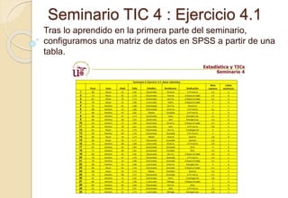 Seminario TIC 4 : Ejercicio 4.1
Tras lo aprendido en la primera parte del seminario,
configuramos una matriz de datos en SPSS a partir de una
tabla.
 