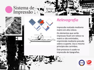 Relevografia
Impressão realzada mediante
matriz em alto-relevo.
Os elementos que serão
impressos ficam em relevo na
matriz e são entintados,
imprimindo mediante pressão
sobre o suporte. Usa o mesmo
princípio dos carimbos.
Este processo é usado na
impressão de tipografias.
 