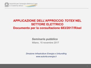 1
Seminario pubblico
Milano, 15 novembre 2017
Direzione Infrastrutture Energia e Unbundling
www.autorita.energia.it
APPLICAZIONE DELL’APPROCCIO TOTEX NEL
SETTORE ELETTRICO
Documento per la consultazione 683/2017/R/eel
 