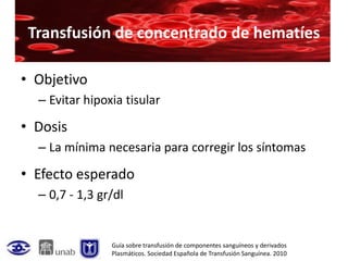 Transfusión de concentrado de hematíes

• Objetivo
  – Evitar hipoxia tisular

• Dosis
  – La mínima necesaria para corregir los síntomas

• Efecto esperado
  – 0,7 - 1,3 gr/dl


                Guía sobre transfusión de componentes sanguíneos y derivados
                Plasmáticos. Sociedad Española de Transfusión Sanguínea. 2010
 