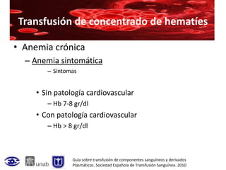 Transfusión de concentrado de hematíes

• Anemia crónica
  – Anemia sintomática
        – Síntomas


     • Sin patología cardiovascular
        – Hb 7-8 gr/dl
     • Con patología cardiovascular
        – Hb > 8 gr/dl



                Guía sobre transfusión de componentes sanguíneos y derivados
                Plasmáticos. Sociedad Española de Transfusión Sanguínea. 2010
 