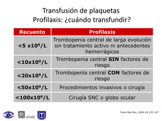 Transfusión de plaquetas
     Profilaxis: ¿cuándo transfundir?
 Recuento                 Profilaxis
             Trombopenia central de larga evolución
<5 x109/L    sin tratamiento activo ni antecedentes
                         hemorrágicos
              Trombopenia central SIN factores de
<10x109/L
                            riesgo
             Trombopenia central CON factores de
<20x109/L
                           riesgo
<50x109/L      Procedimientos invasivos o cirugía

<100x109/L         Cirugía SNC o globo ocular

                                       Trans Med Rev. 2004;18:153-167
 