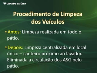 Antes: Limpeza realizada em todo o
pátio.
Depois: Limpeza centralizada em local
único – canteiro próximo ao lavador.
Eliminada a circulação dos ASG pelo
pátio.
 