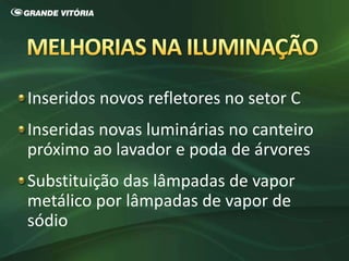 Inseridos novos refletores no setor C
Inseridas novas luminárias no canteiro
próximo ao lavador e poda de árvores
Substituição das lâmpadas de vapor
metálico por lâmpadas de vapor de
sódio
 