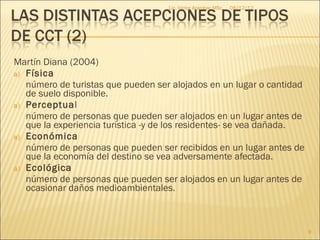 Lic. Víctor Aranibar MSc.   06/12/12




Martín Diana (2004)
a) Física
   número de turistas que pueden ser alojados en un lugar o cantidad
   de suelo disponible.
a) Perceptual
   número de personas que pueden ser alojados en un lugar antes de
   que la experiencia turística -y de los residentes- se vea dañada.
a) Económica
   número de personas que pueden ser recibidos en un lugar antes de
   que la economía del destino se vea adversamente afectada.
a) Ecológica
   número de personas que pueden ser alojados en un lugar antes de
   ocasionar daños medioambientales.



                                                                           9
 