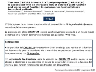 N=172

172 Receptores de su primer trasplante Renal, que recibieron Ciclosporina/Micofenolato
como terapia inmunosupresora.
La presencia del alelo CYP3A4*22 estuvo significativamente asociado a un riesgo mayor
de retraso en la función del injerto comparado con pacientes Wild-type.

Conclusiones:

• Ser portador del CYP3A4*22 constituye un factor de riesgo para retraso en la función
del injerto y de peor aclaramiento de la creatinina en pacientes que reciben terapia
inmunosupresora con Ciclosporina.

• El genotipado Pre-trasplante para la variante de CYP3A4*22 podría ayudar a los
clínicos a identificar a los pacientes en riesgo de desarrollar retraso en la función del
injerto y peor función renal cuando son tratados con Ciclosporina.

                                                   Pharmacogenetics and Genomics 2012 Impact Factor 3.485
 