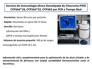Servicio de Inmunología ofrece Genotipado de Citocromo P450
      CYP3A4*1B, CYP3A4*22, CYP3A5 por PCR a Tiempo Real

- Económico: Aprox 30 euros por paciente
- Rápido: Resultados en aprox 48-72 horas
- Sencillo: Dos fases:
   a)Extracción del DNA y
   b)PCR a tiempo real (LightCycler Roche)
-Volumen de muestra pequeño: 500 µl de sangre
anticoagulada con EDTA (0.5 ml)



Información útil y complementaria para la optimización de las dosis iniciales y de
mantenimiento de fármacos con amplia variabilidad Farmacocinética como el
Tacrolimus.
 