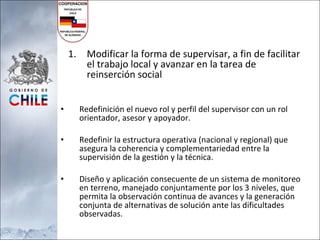 Redefinición el nuevo rol y perfil del supervisor con un rol orientador, asesor y apoyador. Redefinir la estructura operativa (nacional y regional) que asegura la coherencia y complementariedad entre la supervisión de la gestión y la técnica. Diseño y aplicación consecuente de un sistema de monitoreo en terreno, manejado conjuntamente por los 3 niveles, que permita la observación continua de avances y la generación conjunta de alternativas de solución ante las dificultades observadas. Modificar la forma de supervisar, a fin de facilitar el trabajo local y avanzar en la tarea de reinserción social 