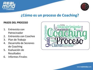 ¿Cómo es un proceso de Coaching?
PASOS DEL PROCESO
1. Entrevista con
Patrocinador
2. Entrevista con Coachee
3. Plan de Trabajo
4. Desarrollo de Sesiones
de Coaching
5. Evaluación de
Resultados
6. Informes Finales
 