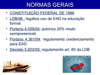 NORMAS GERAIS CONSTITUIÇÃO FEDERAL DE 1988 LDB/96 :  legaliza uso de EAD na educação formal Portaria 4.059/04  :autoriza 20% modo semipresencial Portaria 4.361/04 : regulamenta credenciamento para EAD Decreto 5.622/05:  regulamenta art. 80 da LDB   