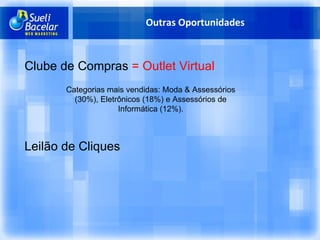 Outras Oportunidades Clube de Compras  = Outlet Virtual Categorias mais vendidas: Moda & Assessórios (30%), Eletrônicos (18%) e Assessórios de Informática (12%). Leilão de Cliques 