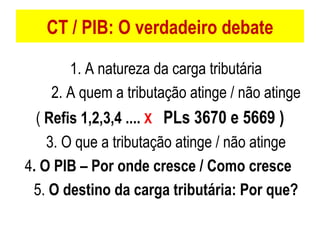 CT / PIB: O verdadeiro debate 1. A natureza da carga tributária 2. A quem a tributação atinge / não atinge (  Refis 1,2,3,4 ....  X  PLs 3670 e 5669 ) 3. O que a tributação atinge / não atinge 4 . O PIB – Por onde cresce / Como cresce   5.  O destino da carga tributária: Por que? 