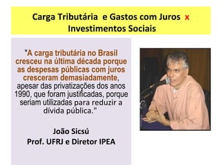 Carga Tributária  e Gastos com Juros  x  Investimentos Sociais " A carga tributária no Brasil cresceu na última década porque as despesas públicas com juros cresceram demasiadamente , apesar das privatizações dos anos 1990, que foram justificadas, porque seriam utilizadas  para reduzir a dívida pública."  João Sicsú Prof. UFRJ e Diretor IPEA 