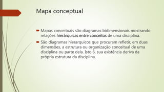 Mapa conceptual
 Mapas conceituais são diagramas bidimensionais mostrando
relações hierárquicas entre conceitos de uma disciplina.
 São diagramas hierarquicos que procuram refletir, em duas
dimensões, a estrutura ou organização conceitual de uma
disciplina ou parte dela. Isto 6, sua existência deriva da
própria estrutura da disciplina.
 