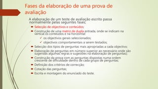 Fases da elaboração de uma prova de
avaliação
A elaboração de um teste de avaliação escrito passa
normalmente pelas seguintes fases;
 Selecção de objectivos e conteúdos;
 Construção de uma matriz de dupla entrada, onde se indicam na
vertical os conteúdos e na horizontal:
 os objectivos gerais seleccionados;
 objectivos comportamentais a serem testados;
 Selecção dos tipos de perguntas mais apropriadas a cada objectivo;
 Elaboração de perguntas em número superior ao necessário onde são
sugeridas algumas regras e sugestões na elaboração de perguntas);
 Construção da prova com as perguntas dispostas numa ordem
crescente de dificuldade dentro de cada grupo de perguntas;
 Definição dos critérios de correcção;
 Cotação das perguntas;
 Escrita e montagem do enunciado do teste.
 