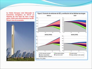 La Unión Europea está liderando la
transición energética. La UE-27 ya
dispone de una hoja de ruta a largo
plazo, 2050, para descarbonizar un 80-
90 por cien su economía.
 