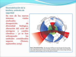 Desestabilización de la
biosfera, umbrales de
seguridad
En tres de los nueves
sistemas           vitales
analizados                -
desaparición             de
diversidad      biológica,
alteración del ciclo del
nitrógeno y cambio
climático – ya se han
sobrepasado             los
umbrales considerados
seguros.         (Nature,
septiembre 2009)
 