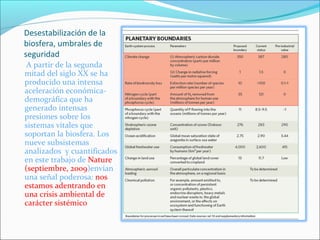 Desestabilización de la
biosfera, umbrales de
seguridad
 A partir de la segunda
mitad del siglo XX se ha
producido una intensa
aceleración económica-
demográfica que ha
generado intensas
presiones sobre los
sistemas vitales que
soportan la biosfera. Los
nueve subsistemas
analizados y cuantificados
en este trabajo de Nature
(septiembre, 2009)envían
una señal poderosa: nos
estamos adentrando en
una crisis ambiental de
carácter sistémico
 